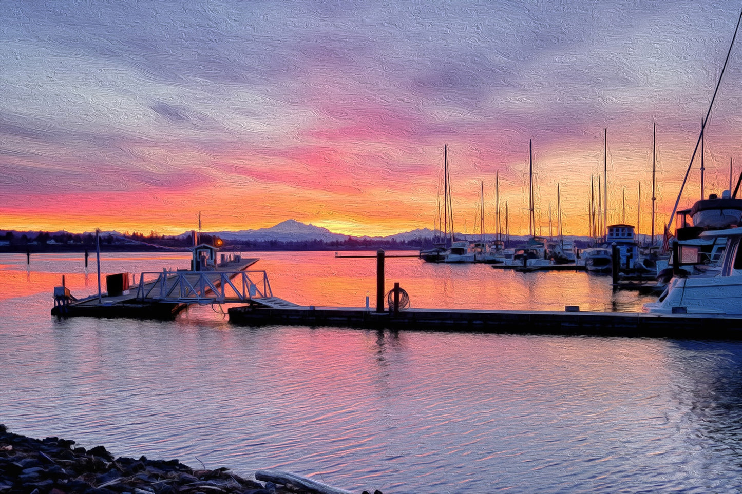 Boats floating on serene Samiahmoo Bay, Washington, at sunrise, with the sun rising near the Canadian border and peaceful morning light.
