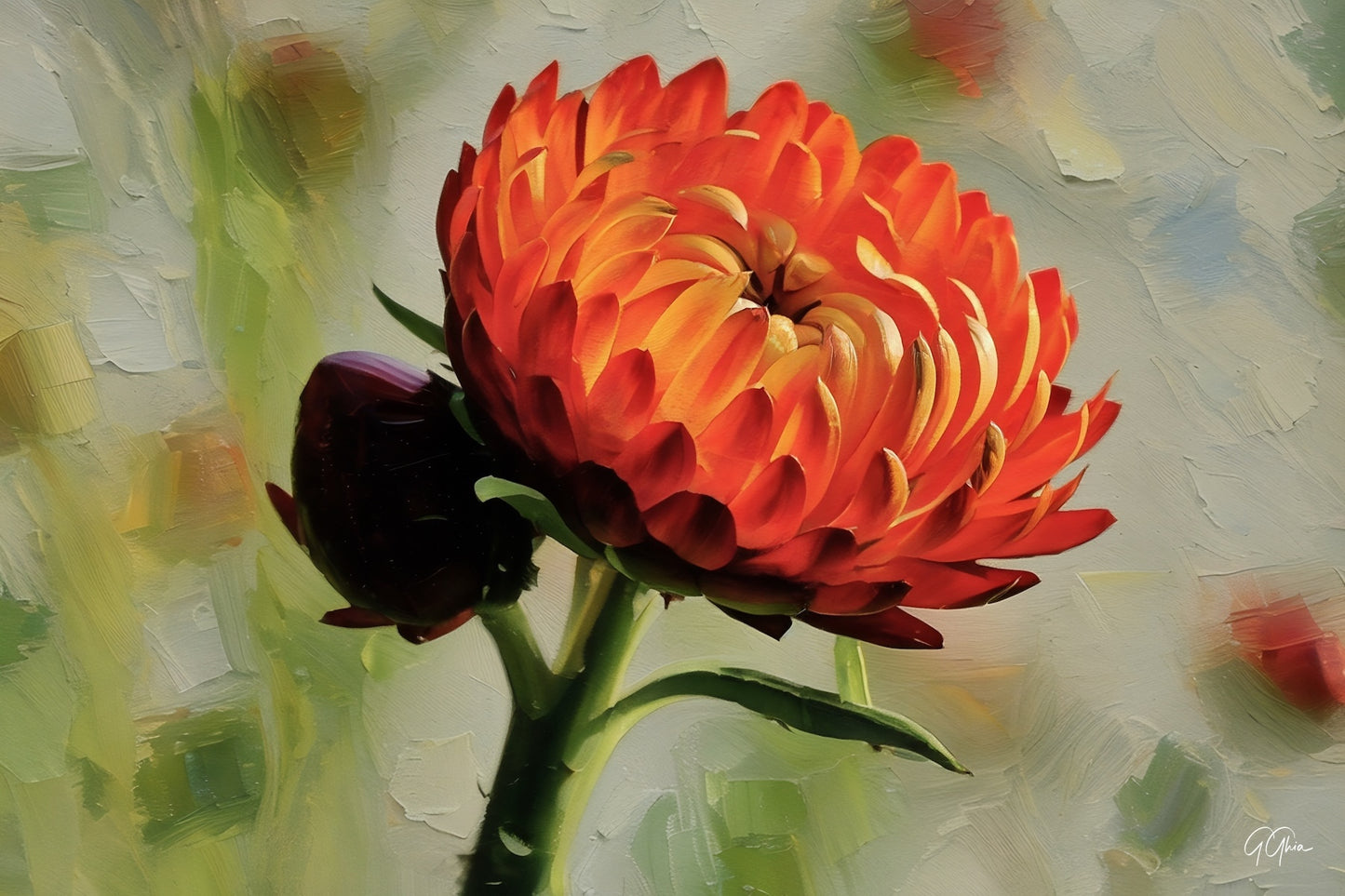 Close‑up of a burnt orange flower with petals fading to dark black, set against green leaves in warm, moody light.