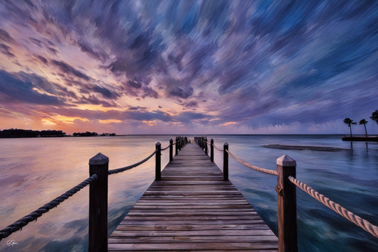 Sunrise over a dock in Islamorada, Florida Keys, with calm bay waters and vibrant morning colors.