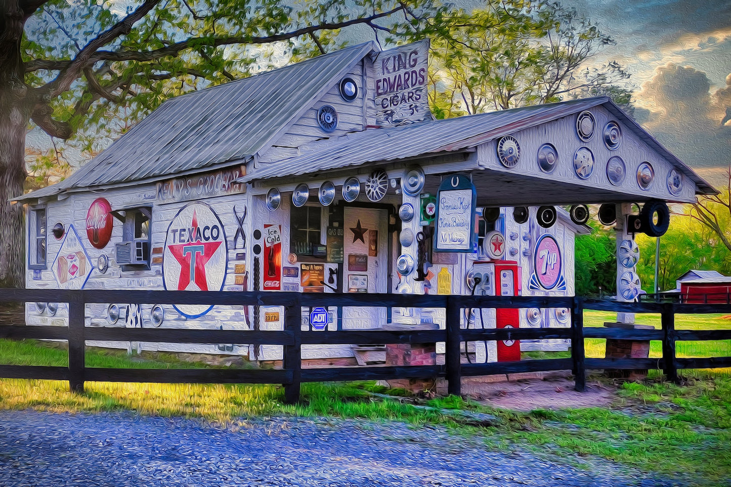 Photo of Kelly’s Grocery near Cary, North Carolina, featuring an old gas pump and walls decorated with vintage American product signs.