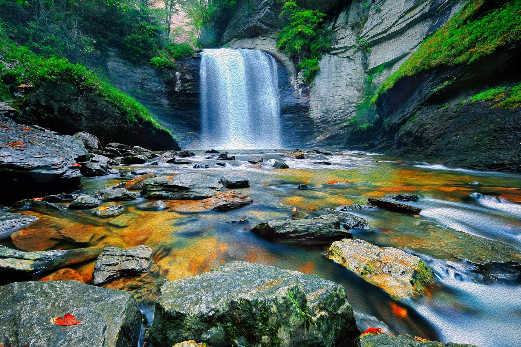 Looking Glass Falls in Pisgah National Forest, Brevard, North Carolina, surrounded by colorful autumn foliage.