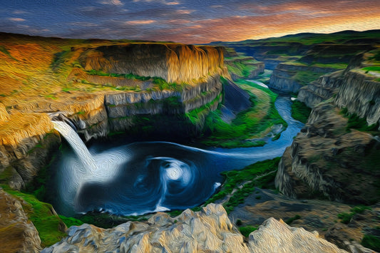 Scenic view of Palouse Falls in Washington, with water cascading into a deep canyon set amid rolling green hills.