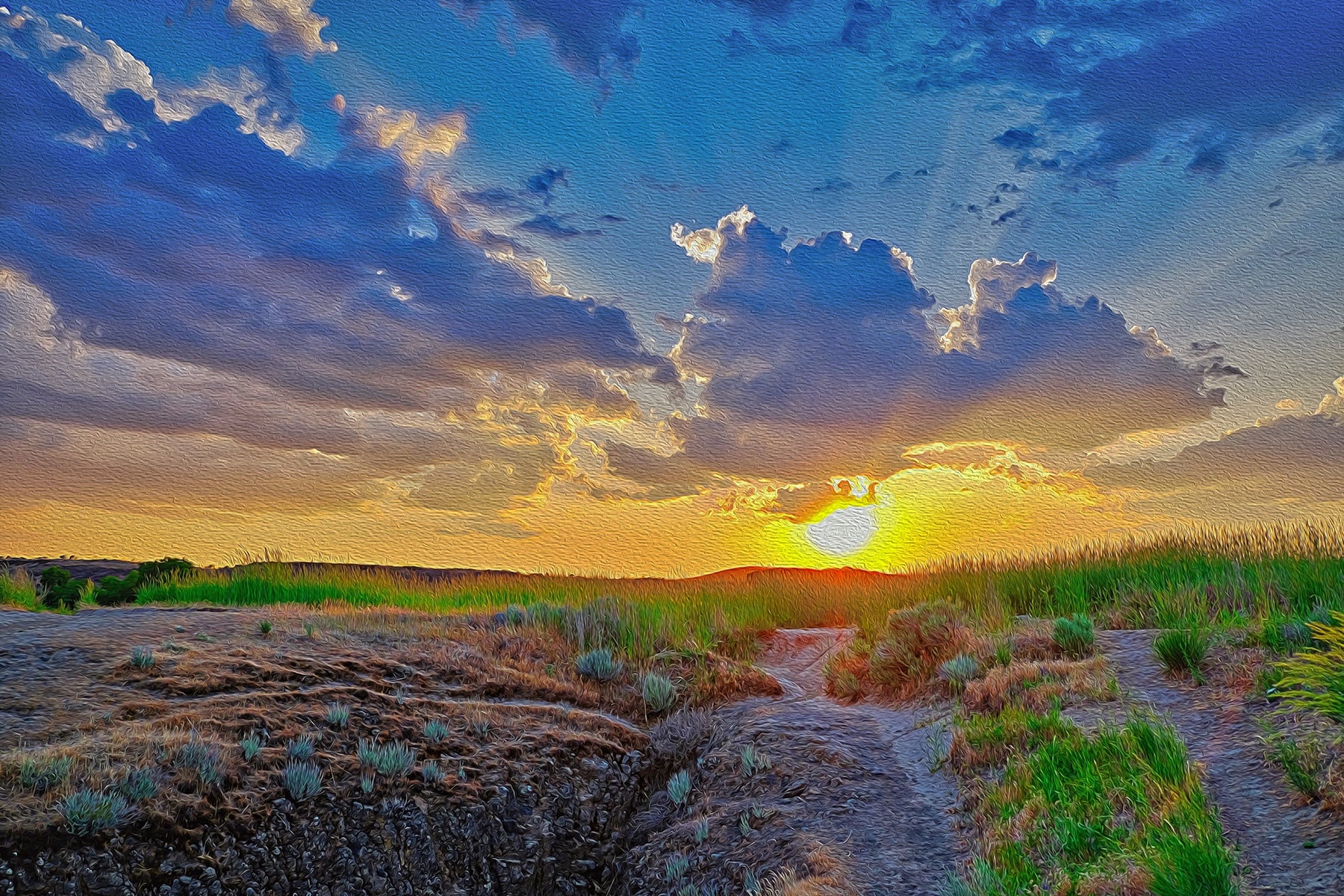 Golden sunset behind Palouse Falls in Washington, lighting up the surrounding landscape with warm, vivid colors.