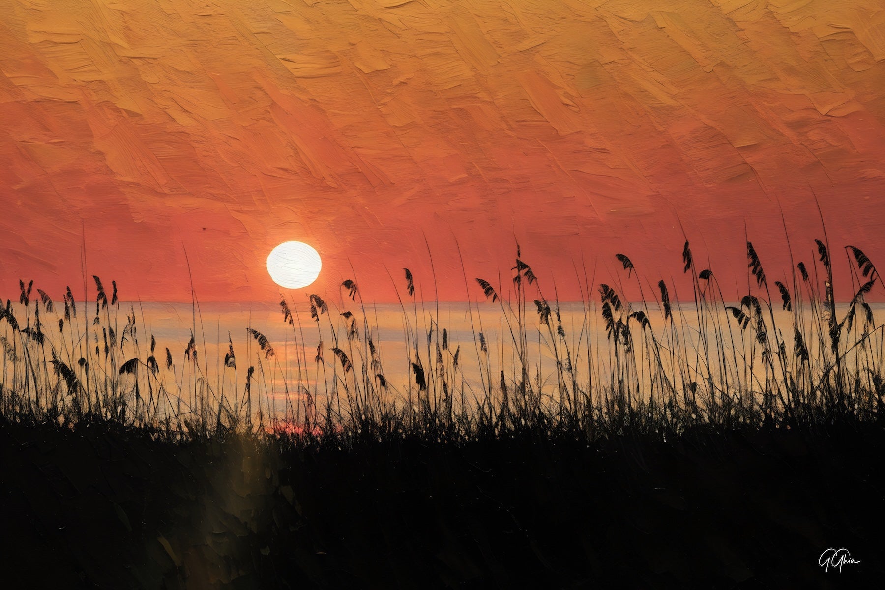 Dark sand dunes and shadowy reeds at Pleasure Island, North Carolina, framed by a vibrant orange sunrise sky.