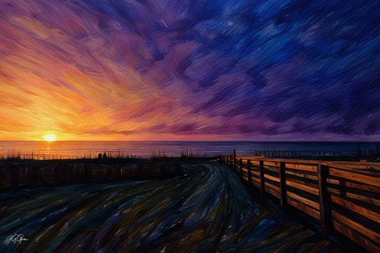 Colorful sunrise over Kure Beach, North Carolina, with dramatic tie‑dye skies and dark coastal waters.