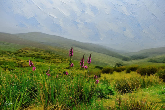 Rolling green hills in Trelli, Ireland, with pink bell flowers scattered across the pasture.