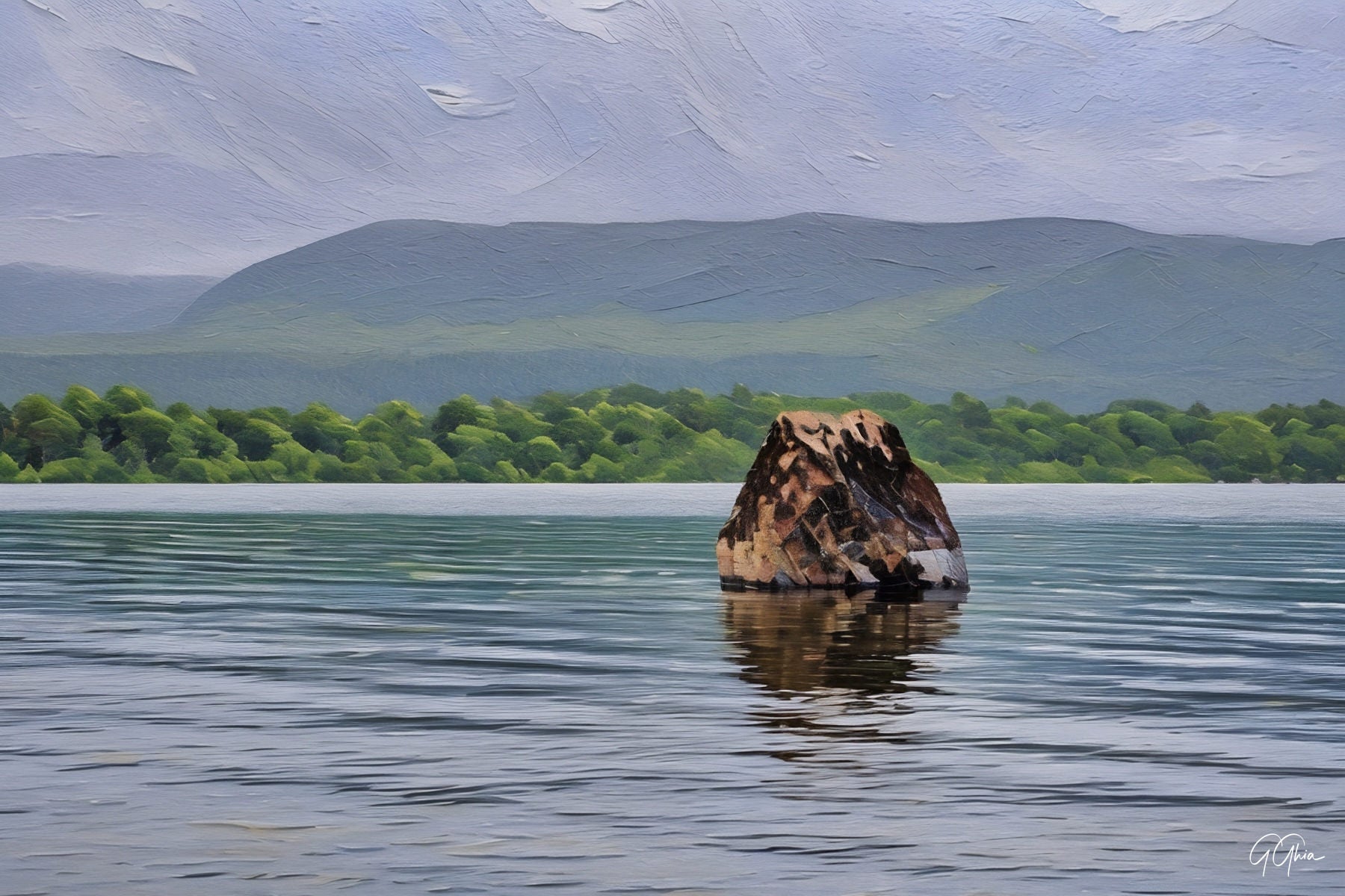 Calm loch in the Ring of Kerry, Ireland, bordered by green hills and serene water.