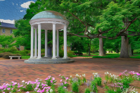 Photo of the Old Well, Chapel Hill, North Carolina, with spring flowers and brick paths under soft sunlight.