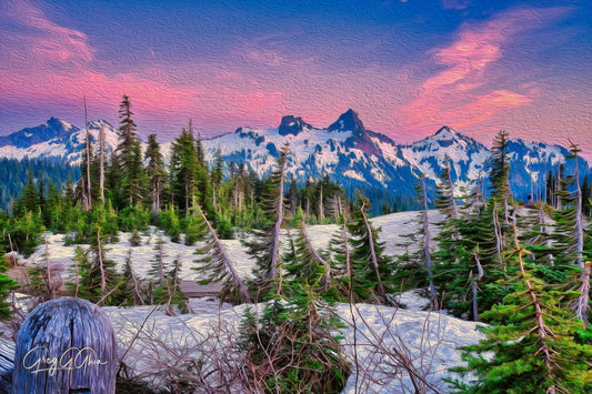 Sunset over Paradise Inn at Mount Rainier, with pink and blue cotton candy skies lighting up the mountain landscape.