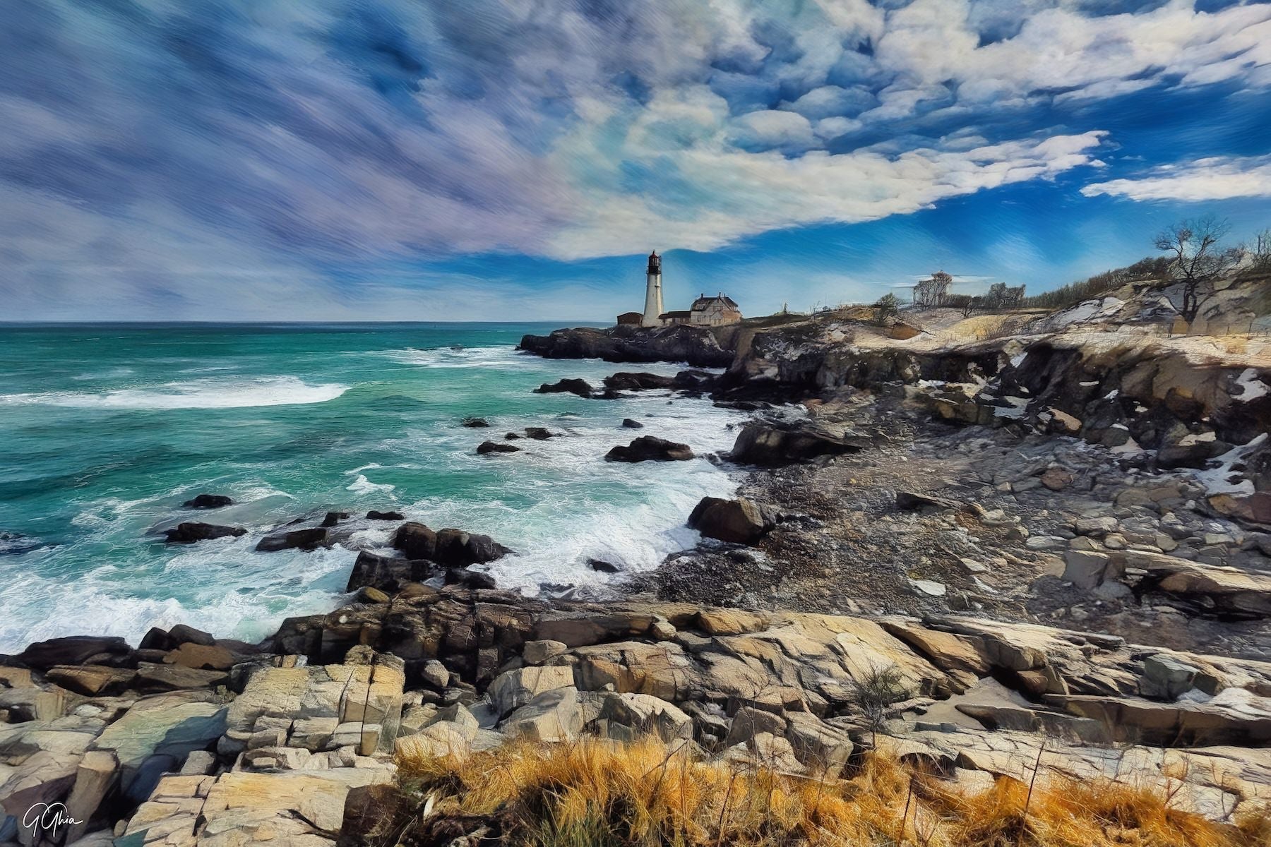 Scenic photograph of Portland Head Light in Maine, with rocky coastline and waves at dawn.